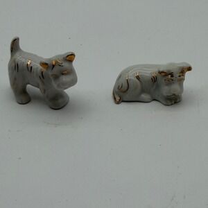 Vintage Japan Porcelain Miniature Scottie Dog Figurines Gray Gold Trim Set of 2